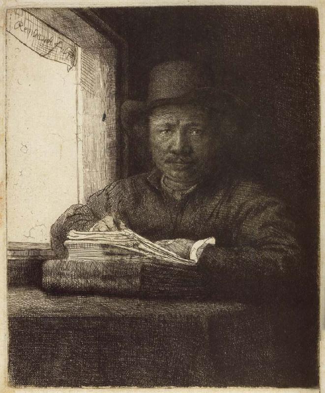 REMBRANDT Harmenszoon van Rijn Self-Portrait,Etching at a Window